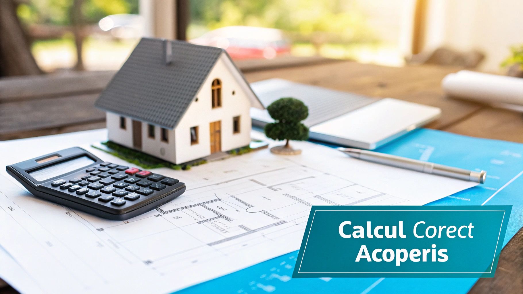 Model de casă, calculator și planuri arhitecturale pe o masă de lemn pentru calculul acoperișului.