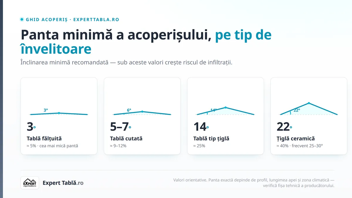 Panta minimă pentru acoperiș: cât trebuie, pe tip de tablă