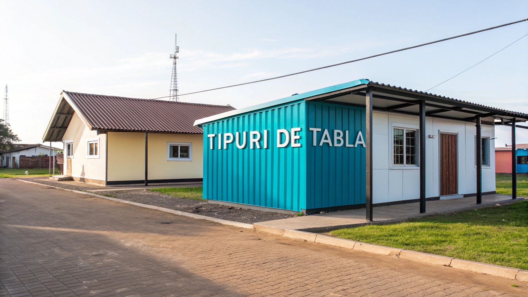 Două clădiri, una galbenă și una albastră cu text "TIPURI DE TABLA", pe o alee pavată.